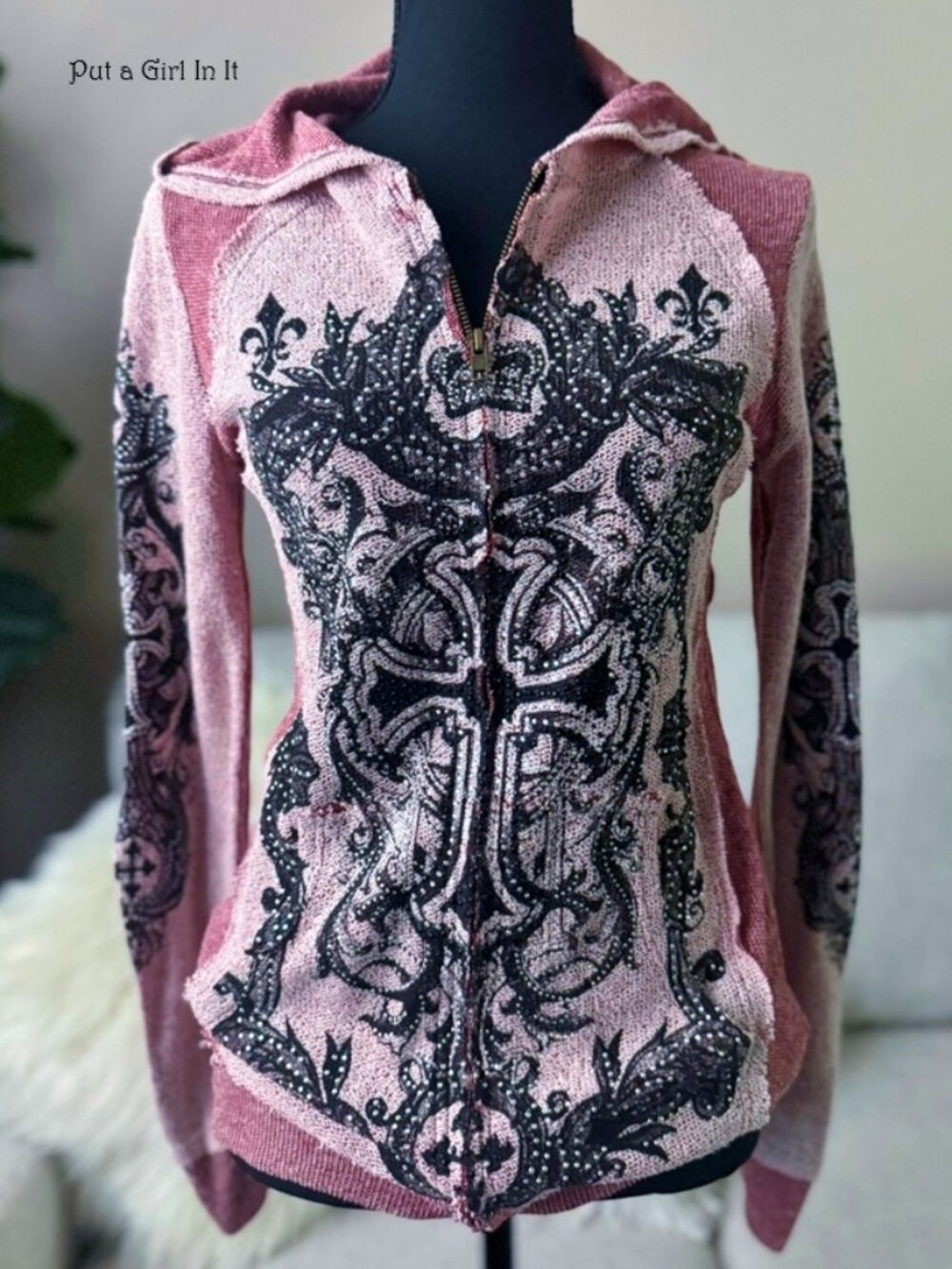 Vocal Apparel women's crystal pink distressed cross zip hoodie jacket s m l xl